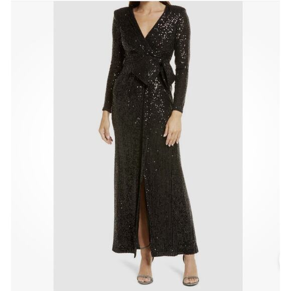 Eliza J Black Sequin Wrap Maxi Dress Size 4 NWT - Picture 1 of 10